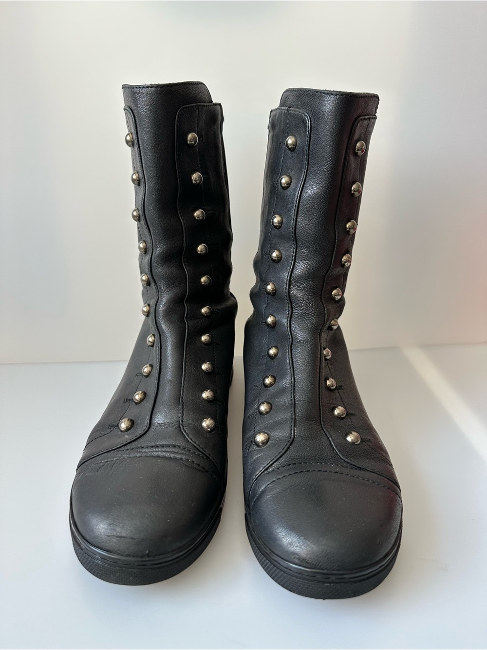 AUTHENTIC STUART WEITZMAN Studded Mid-Calf Black Leather Pull Boots